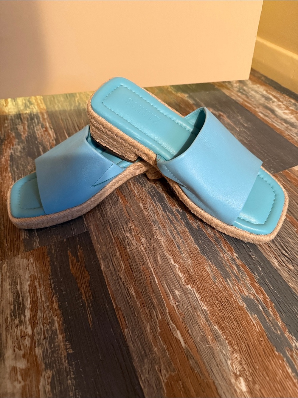 SCHUTZ Sky Blue Leather Espadrille Slide Mules